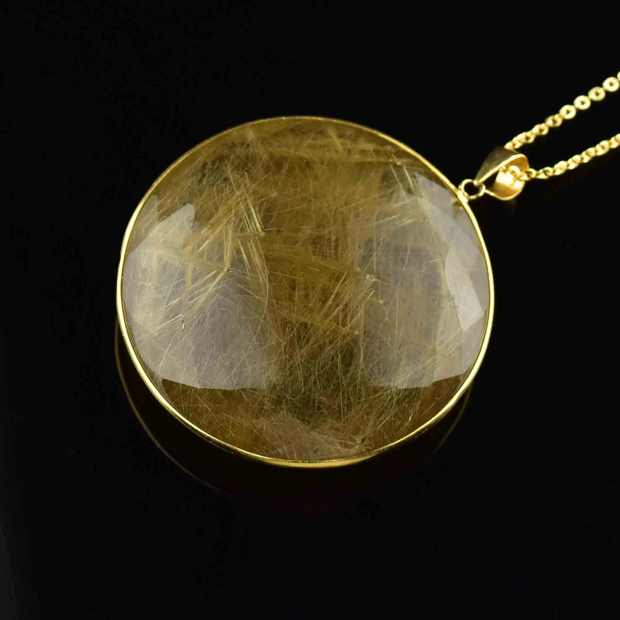 14K Gold Large Rutilated Quartz Pendant Necklace