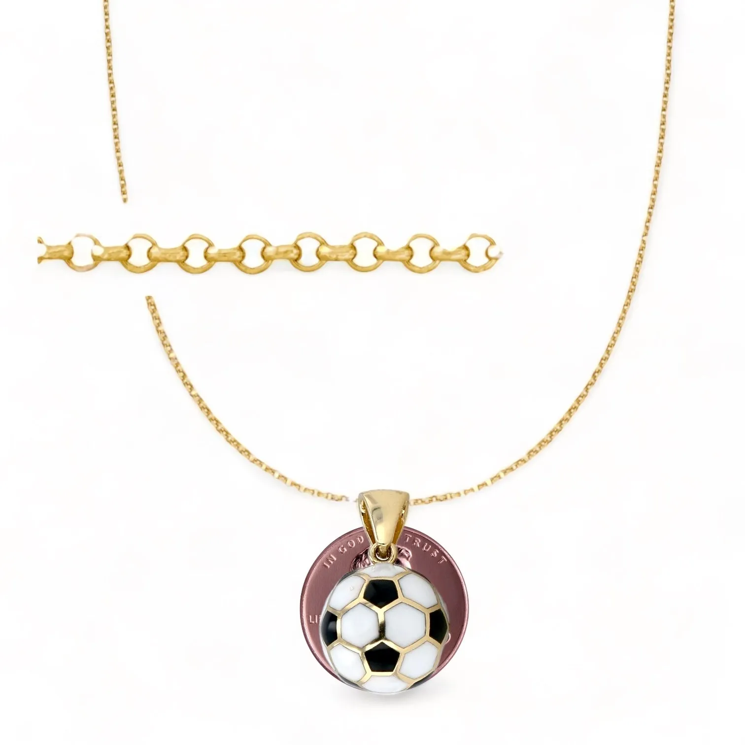 14K Yellow gold rollo chain football ball pendant -224802