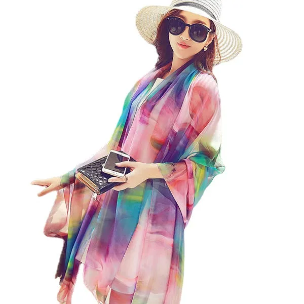 196*150CM Women Silk Print Floral Soft Long Beach Towel Summer Sunscreen Visor Shawl