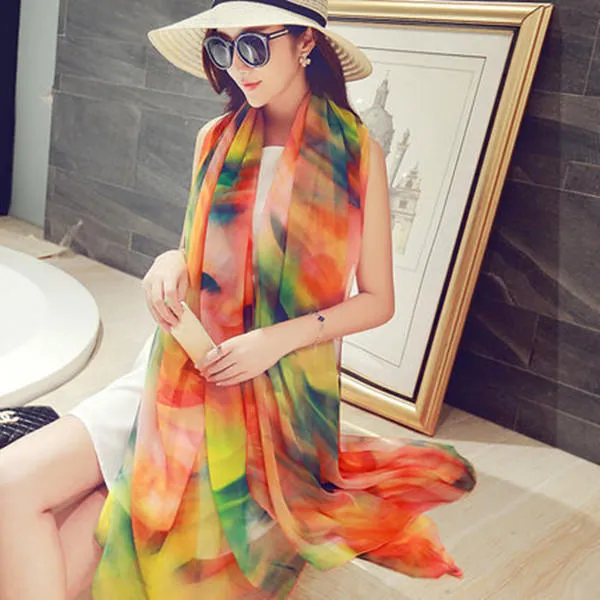 196*150CM Women Silk Print Floral Soft Long Beach Towel Summer Sunscreen Visor Shawl