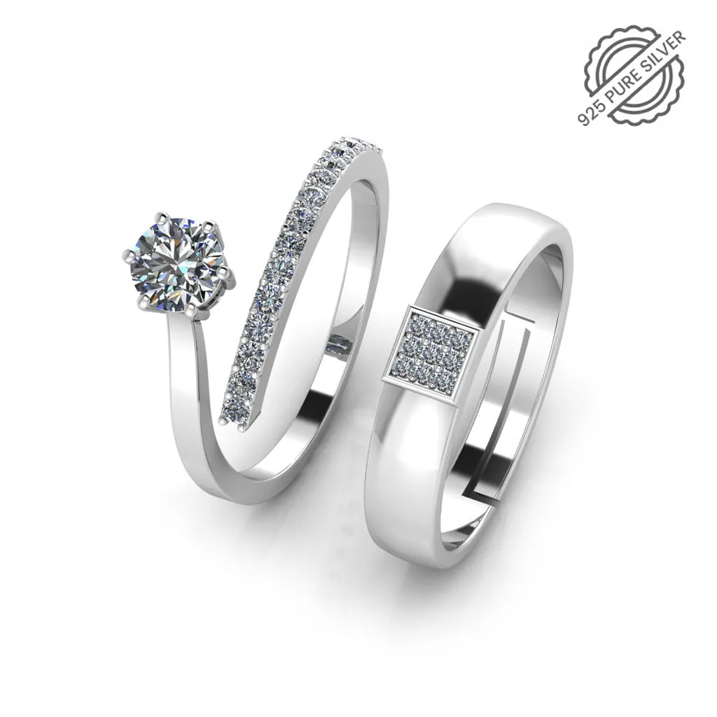 925 Pure Starling Silver Cubic Zircon Solitaire Ring and  Classy Status Special Couple's Ring