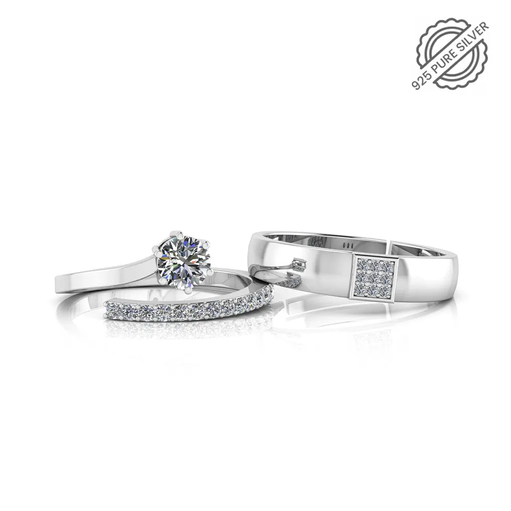 925 Pure Starling Silver Cubic Zircon Solitaire Ring and  Classy Status Special Couple's Ring