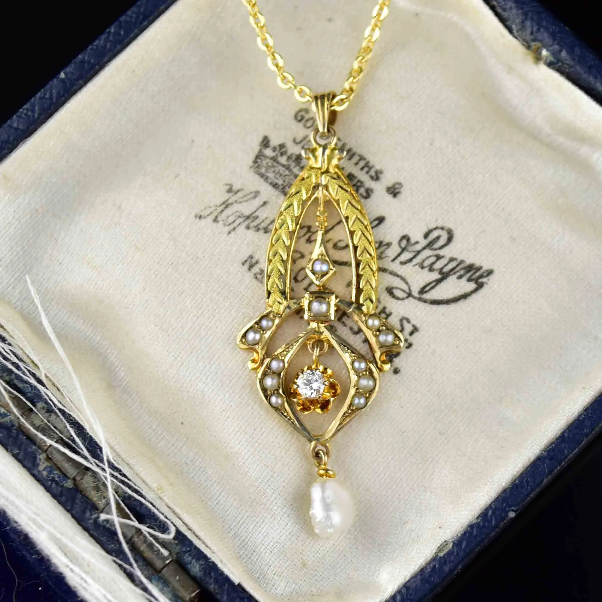 Antique 10K Gold Diamond Pearl Lavalier Necklace