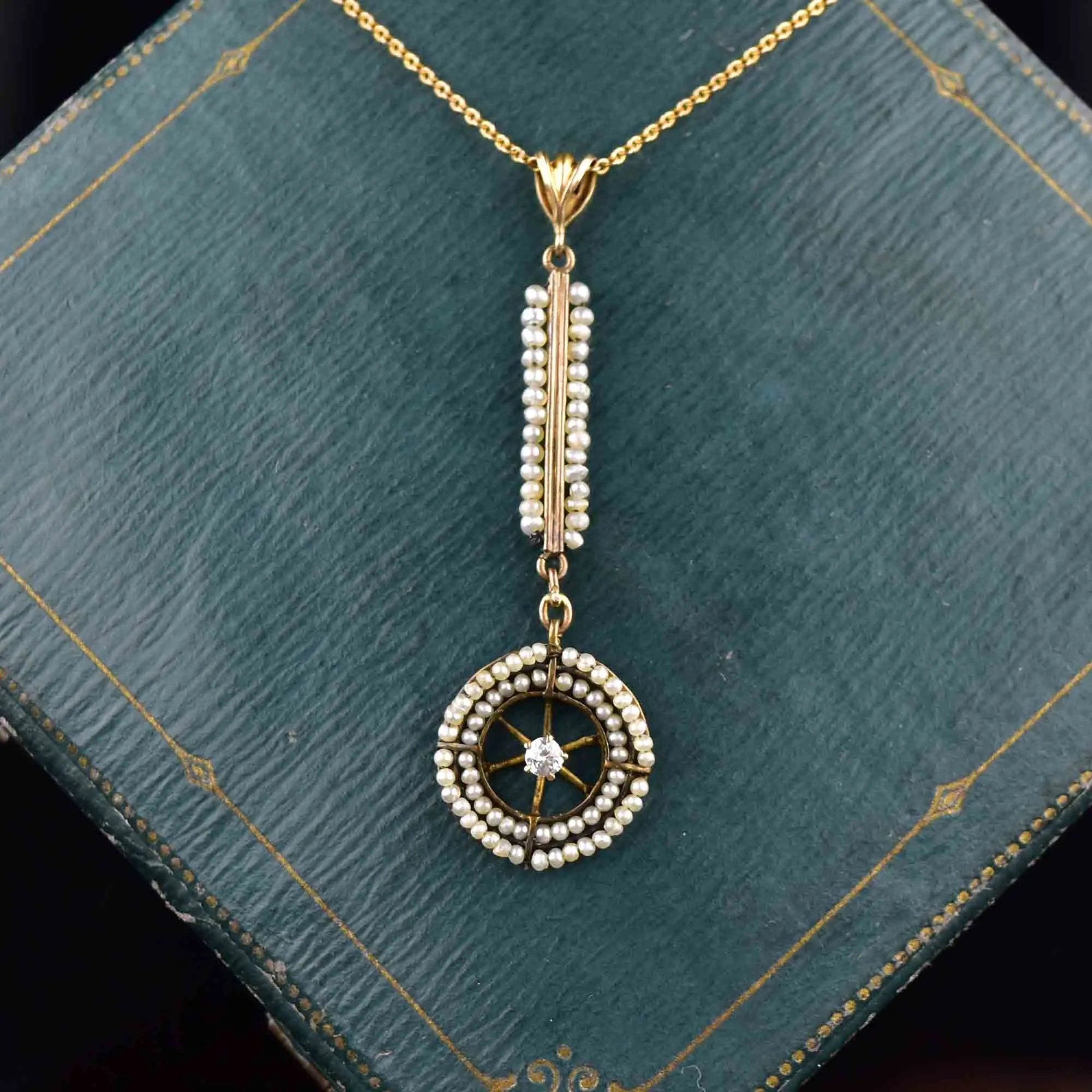 Antique 10K Gold Diamond Pearl Lavalier Necklace