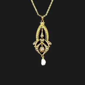 Antique 10K Gold Diamond Pearl Lavalier Necklace