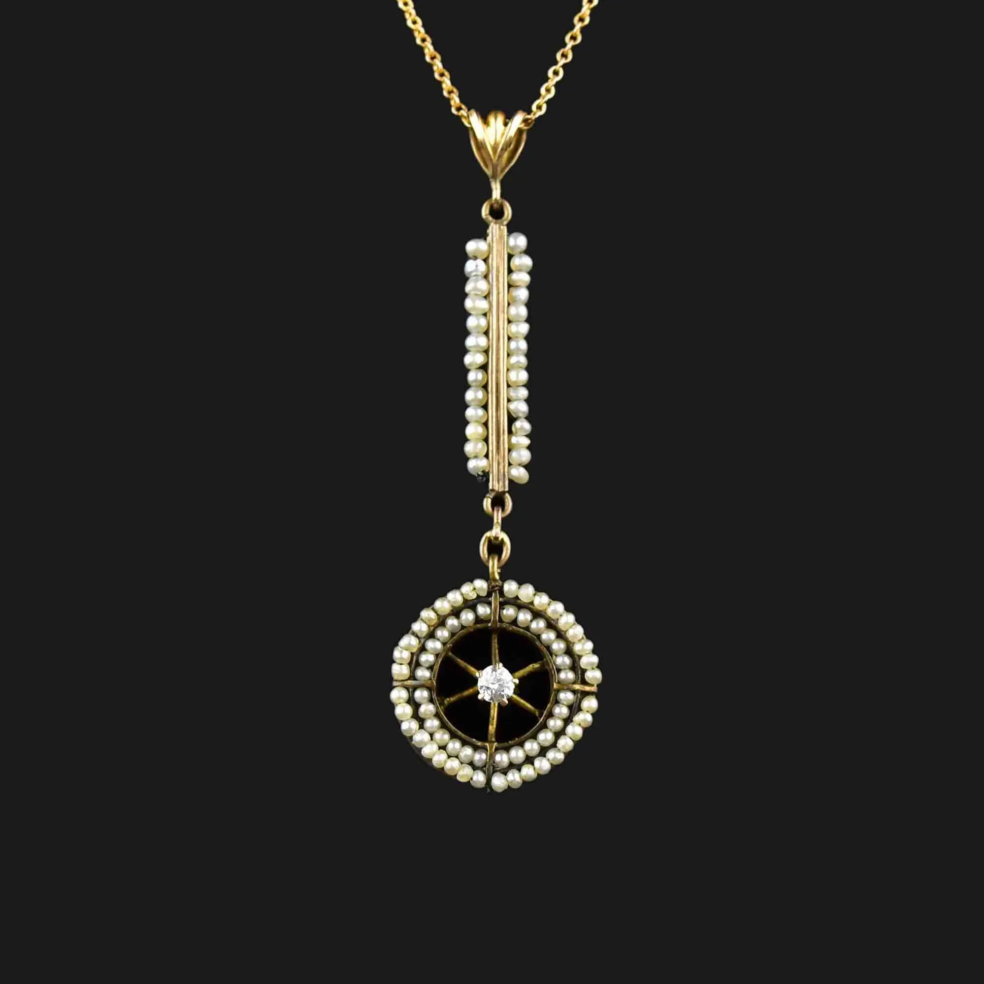 Antique 10K Gold Diamond Pearl Lavalier Necklace