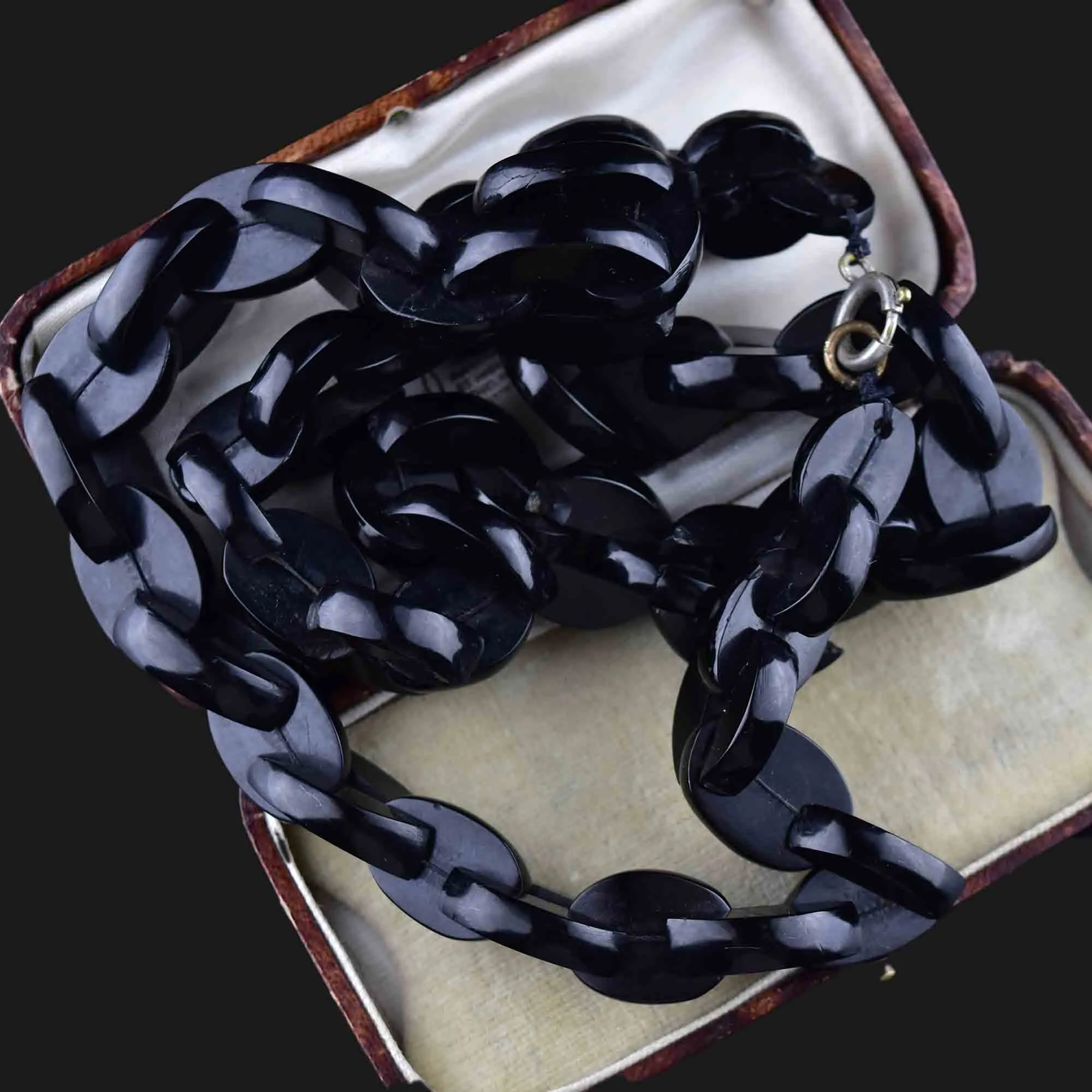 Antique Large Chain Link Whitby Jet Mourning Necklace