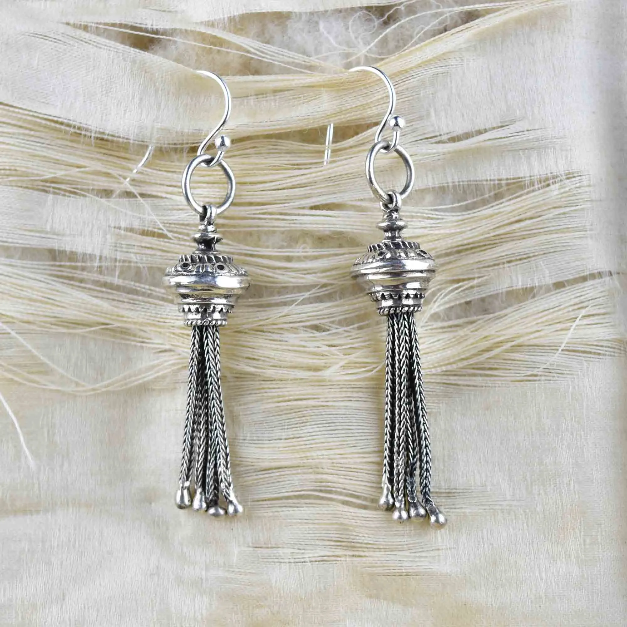 Antique Silver Albertina Watch Chain Tassel Fob Earrings