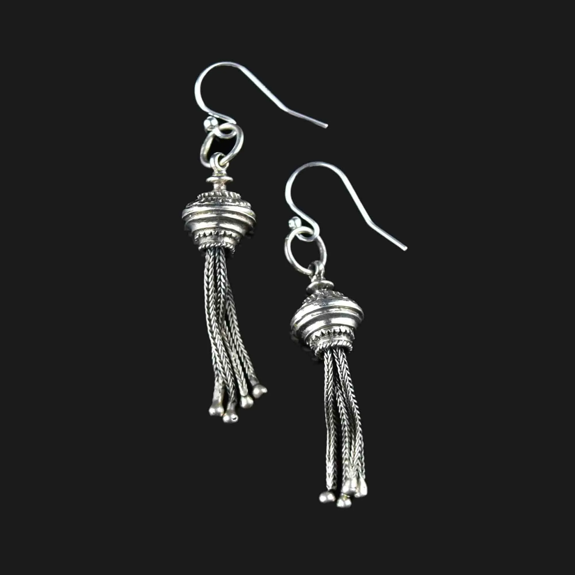 Antique Silver Albertina Watch Chain Tassel Fob Earrings