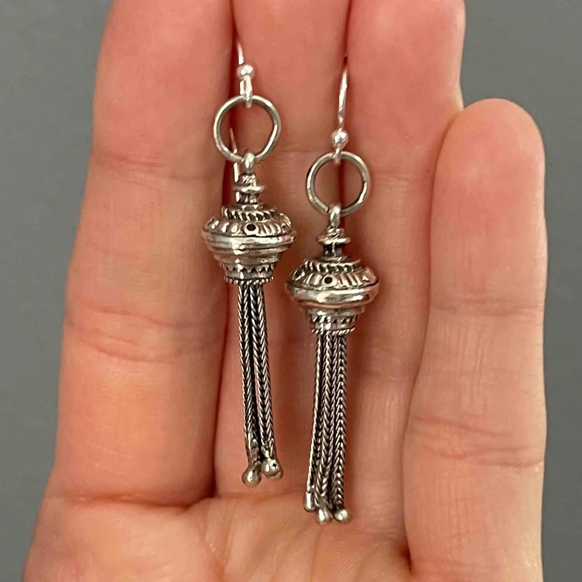 Antique Silver Albertina Watch Chain Tassel Fob Earrings