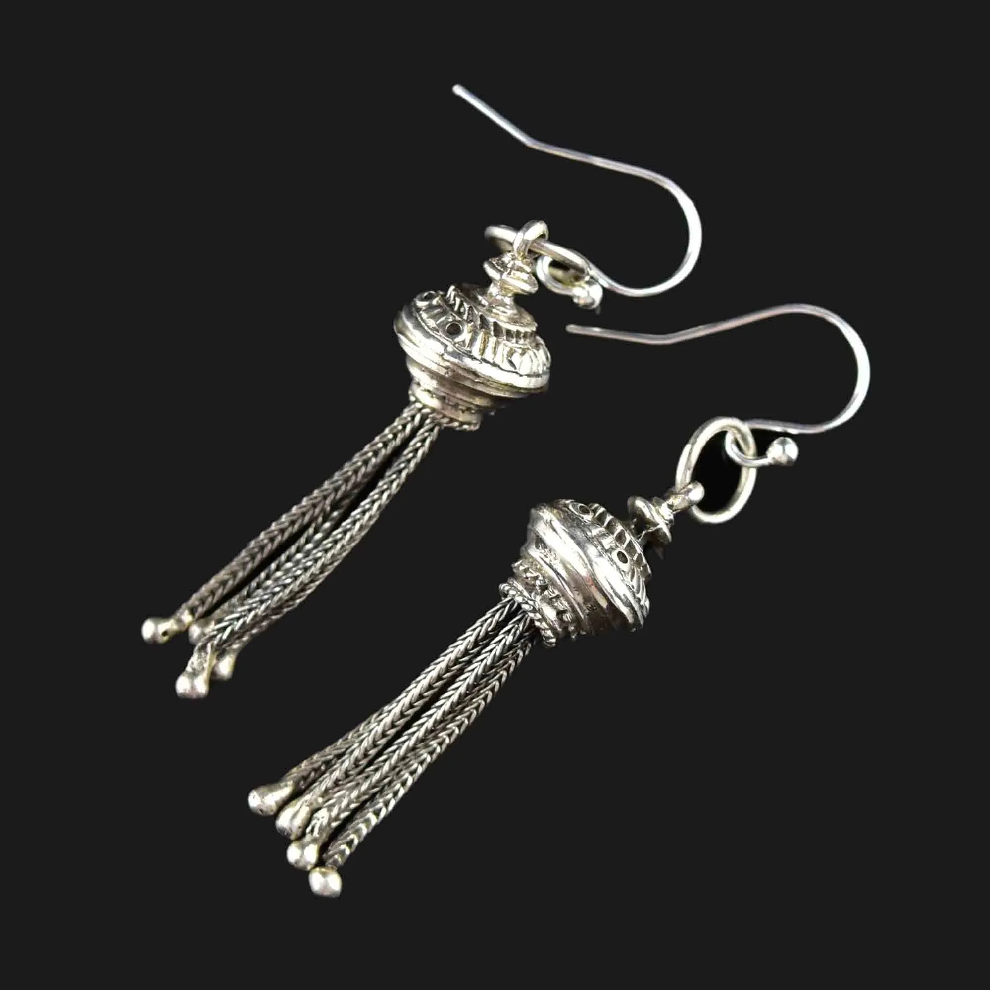 Antique Silver Albertina Watch Chain Tassel Fob Earrings