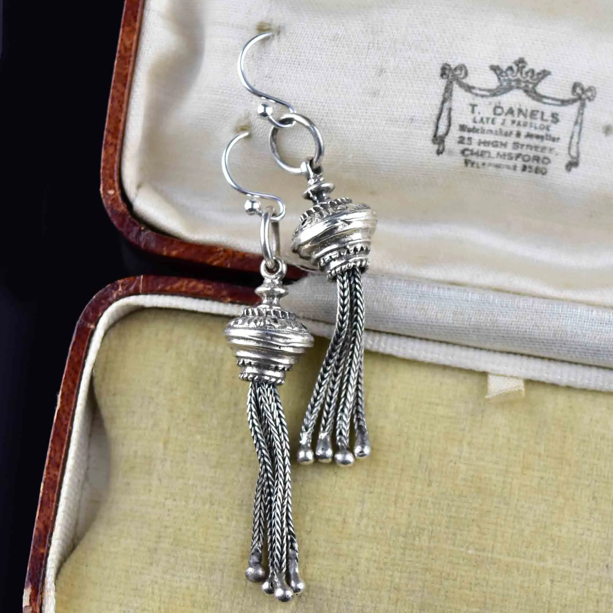 Antique Silver Albertina Watch Chain Tassel Fob Earrings