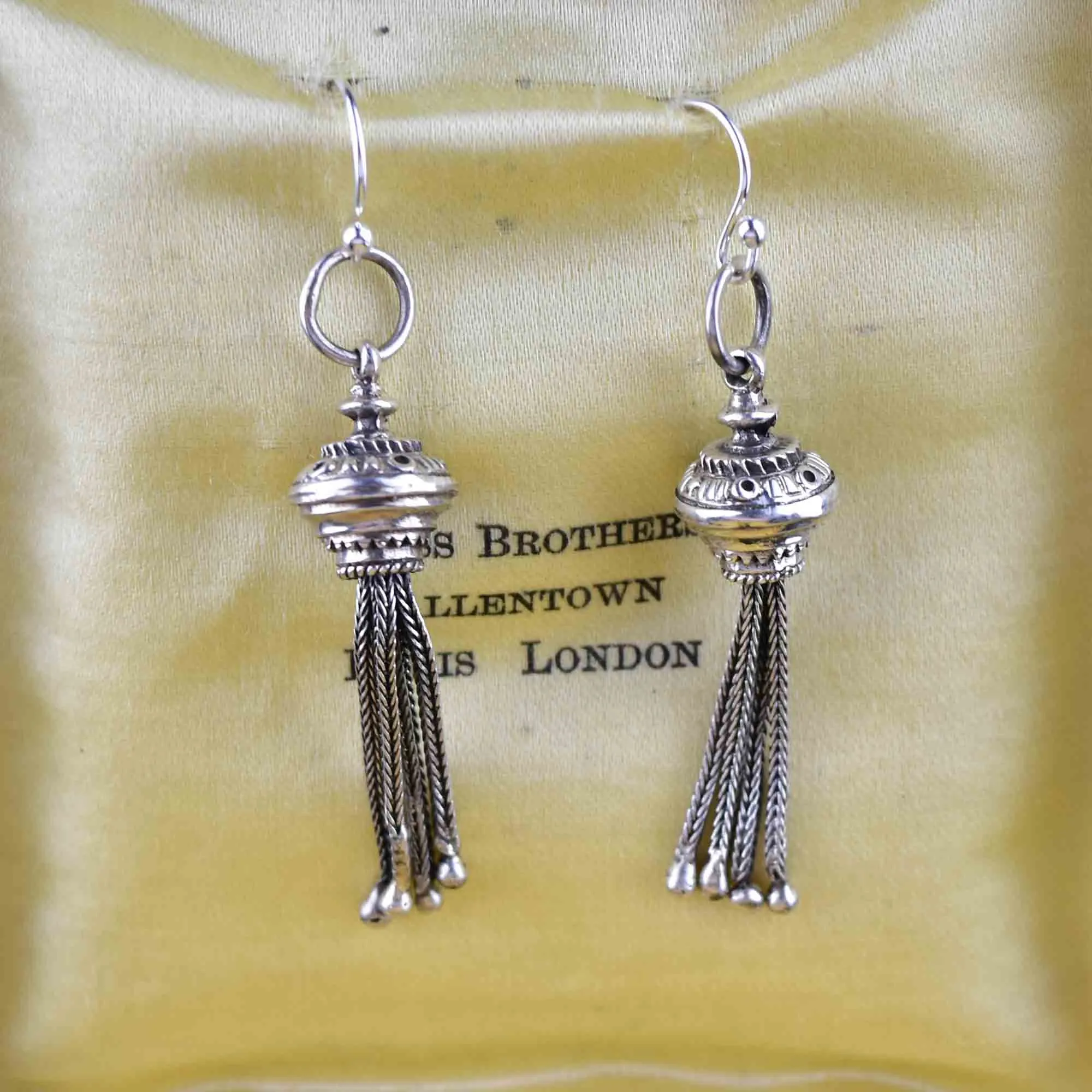 Antique Silver Albertina Watch Chain Tassel Fob Earrings