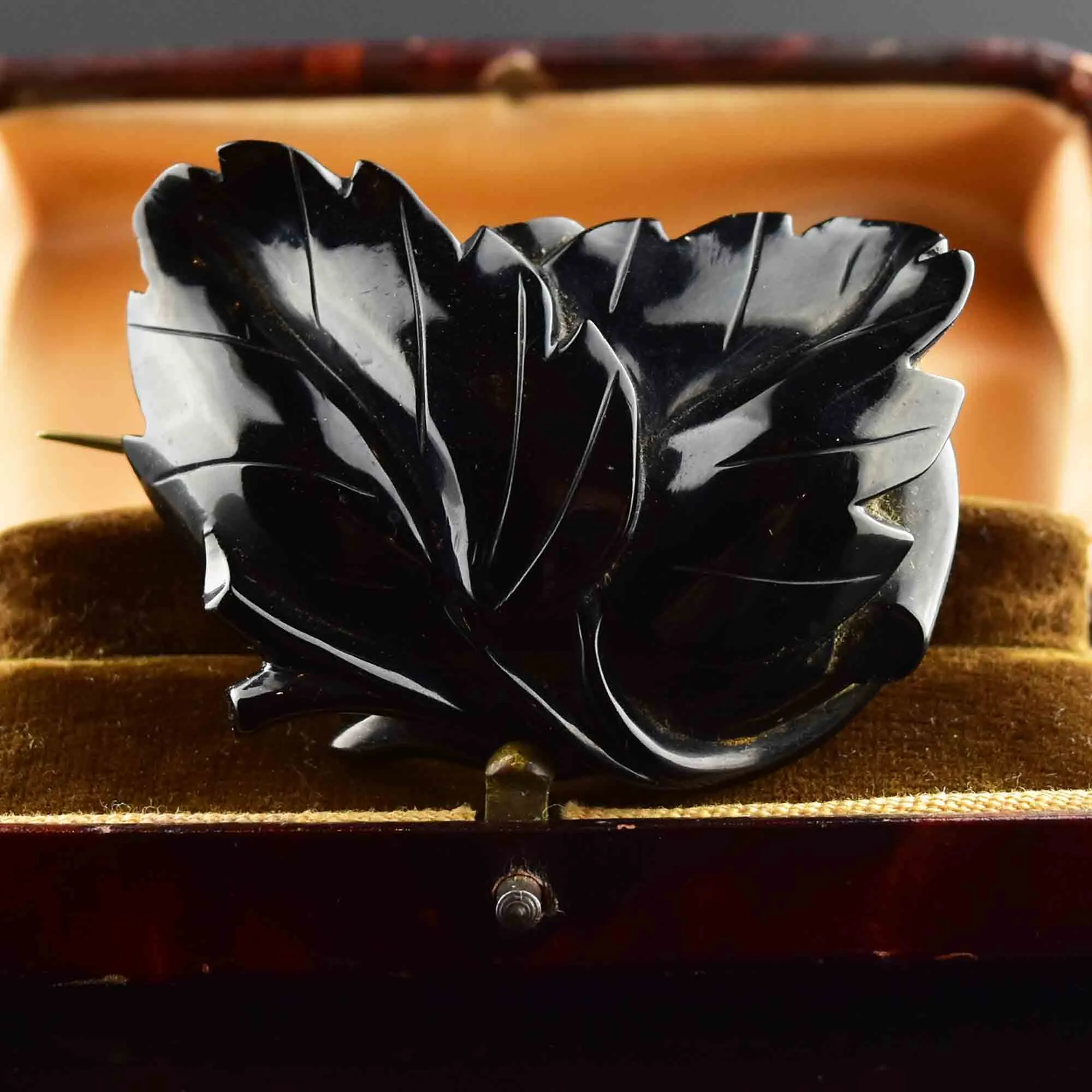 Antique Victorian Carved Whitby Jet Double Ivy Leaf Brooch