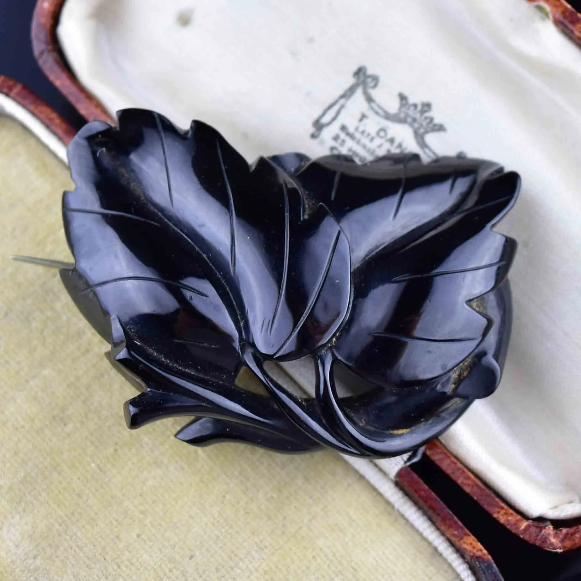 Antique Victorian Carved Whitby Jet Double Ivy Leaf Brooch