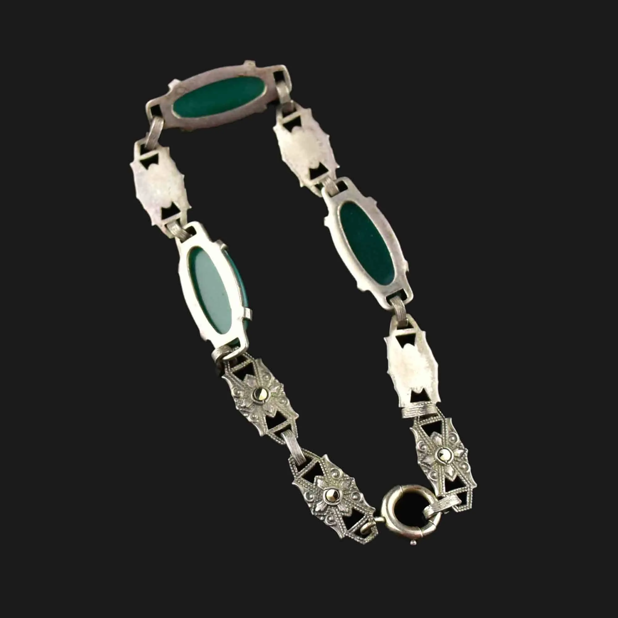 Art Deco Sterling Silver Chrysoprase Marcasite Bracelet