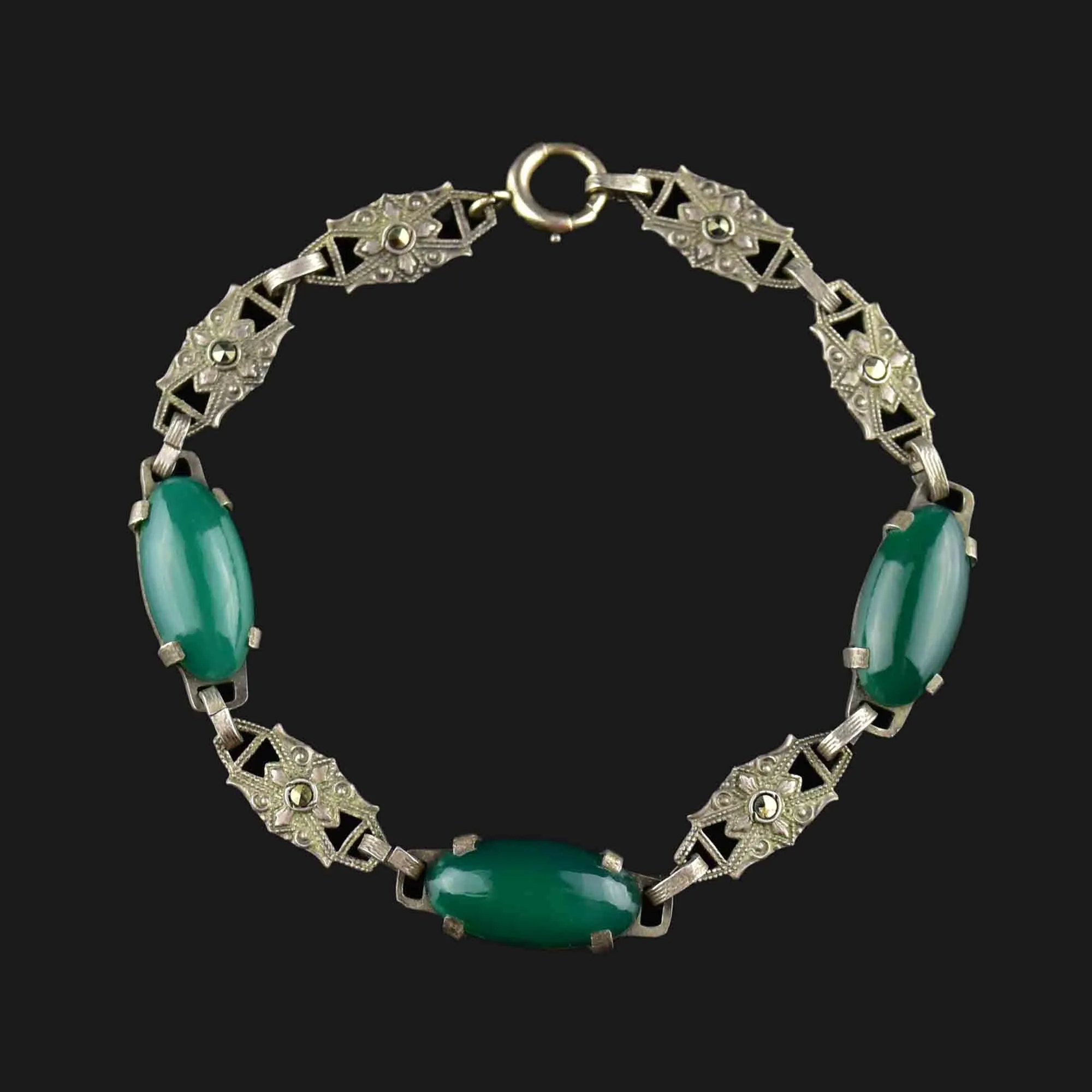 Art Deco Sterling Silver Chrysoprase Marcasite Bracelet