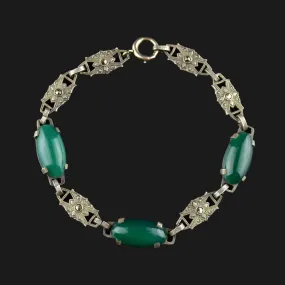 Art Deco Sterling Silver Chrysoprase Marcasite Bracelet