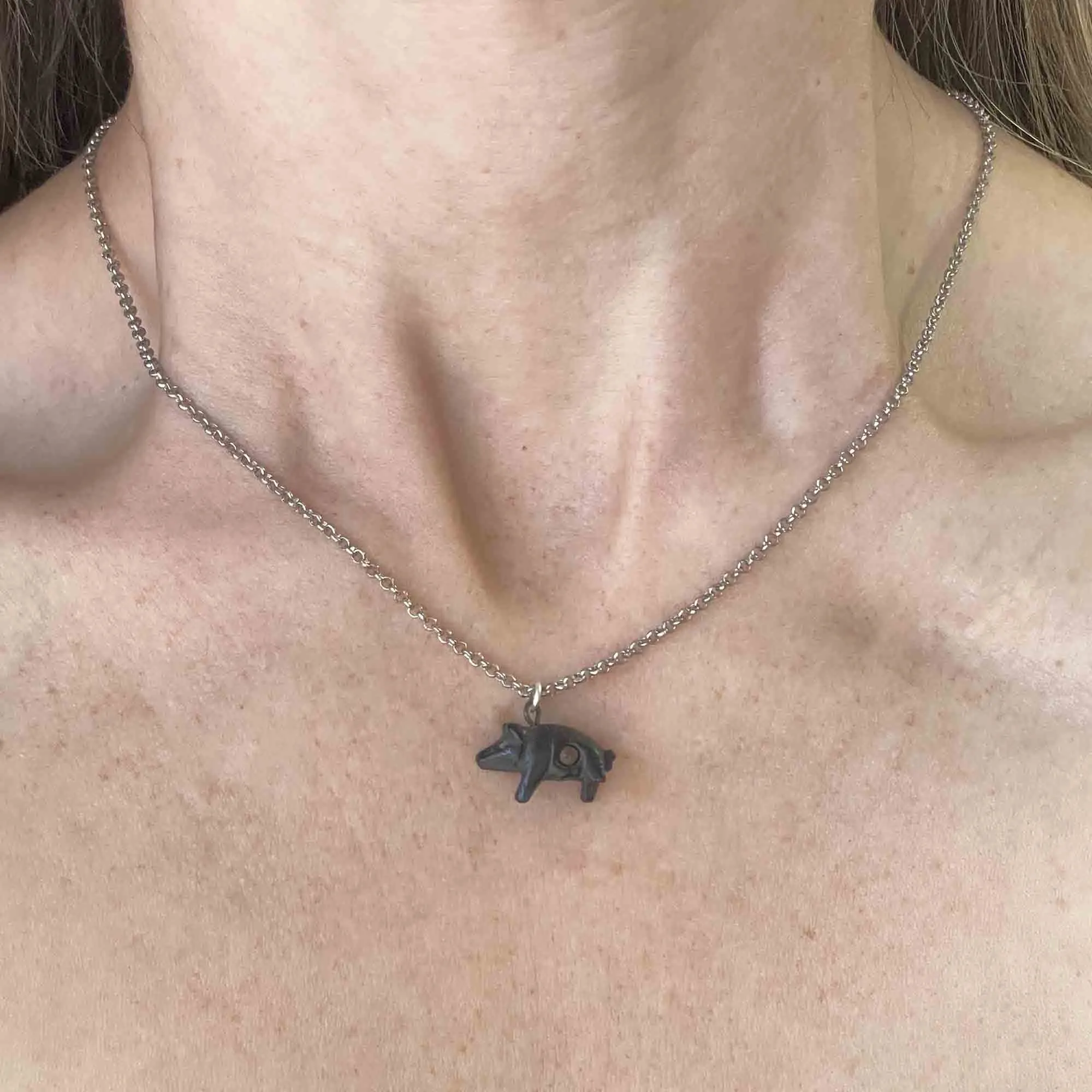 Carved Irish Bog Oak Stanhope Pig Pendant Necklace