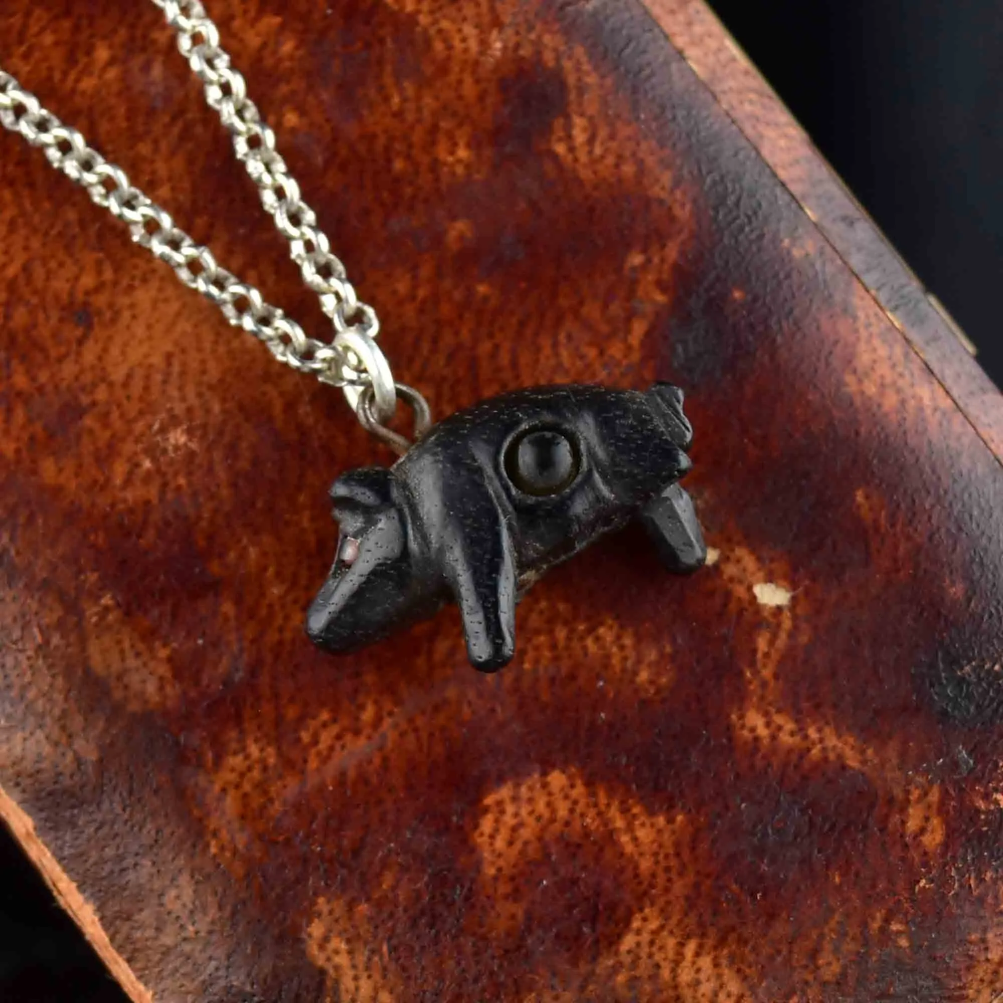 Carved Irish Bog Oak Stanhope Pig Pendant Necklace