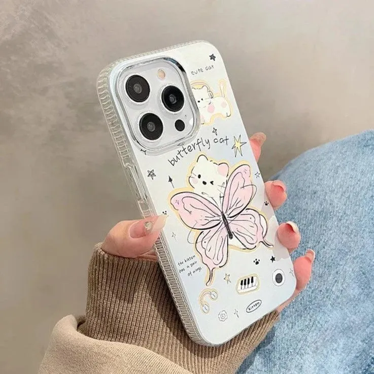 Cute Cartoon Butterfly Cat Phone Case with Chain for iPhone 11, 12, 13, 14, 15 Pro Max, and 15 Plus