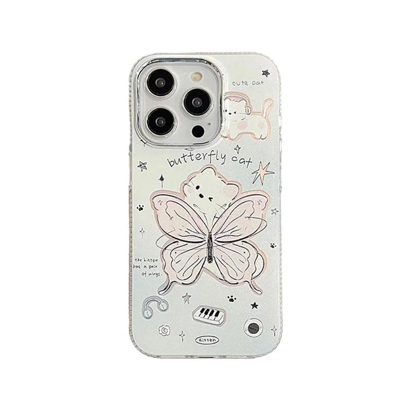 Cute Cartoon Butterfly Cat Phone Case with Chain for iPhone 11, 12, 13, 14, 15 Pro Max, and 15 Plus