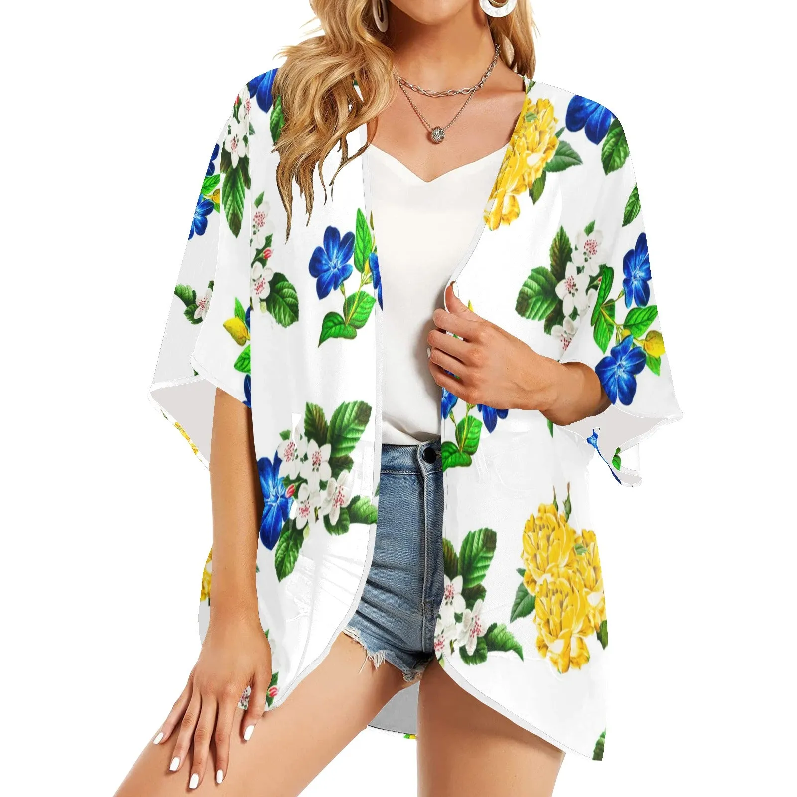 floral blue gold white print 4 Women's Kimono Chiffon Cover Up (Model H51)