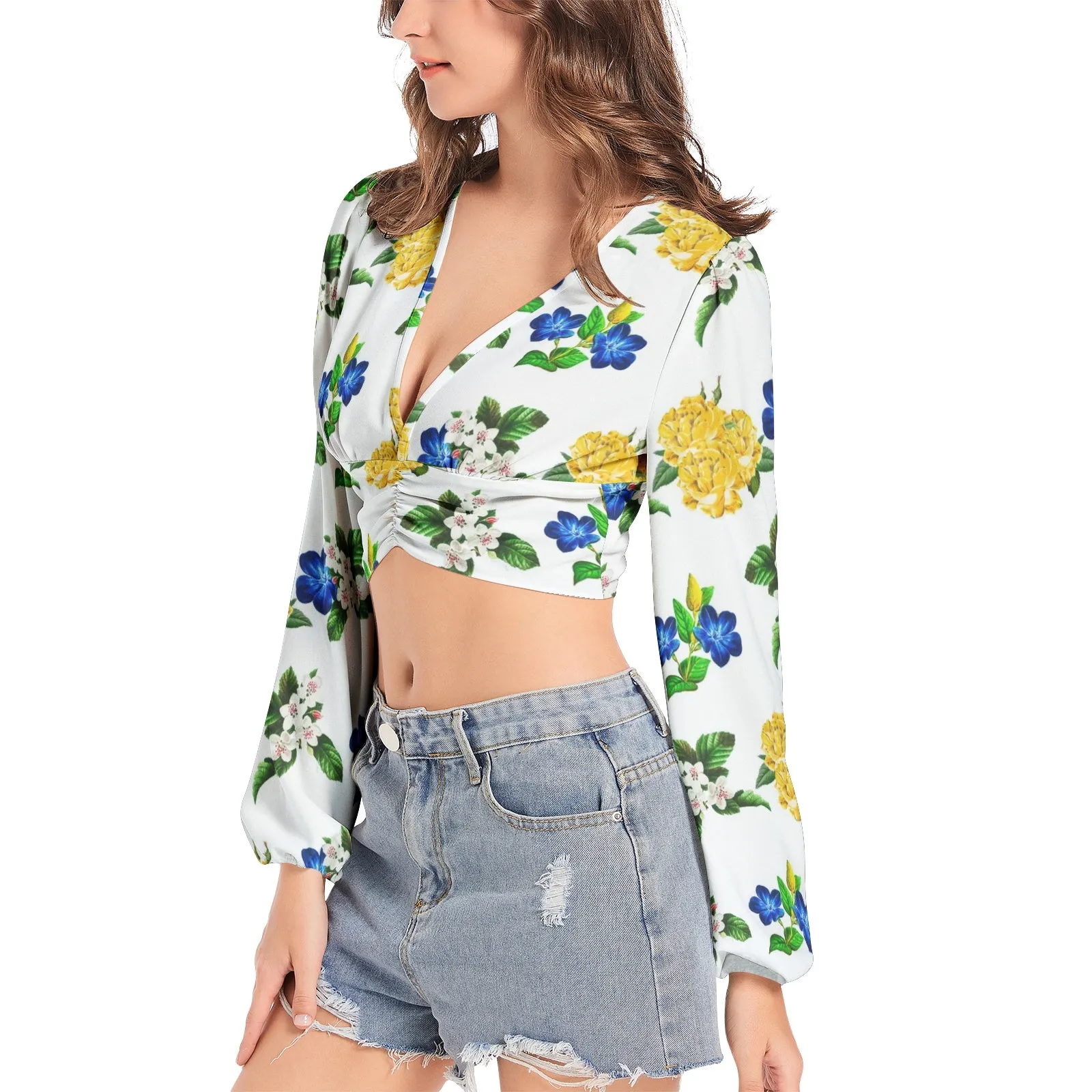 Floral Moments Women's Deep V-Neck Lantern Sleeve Crop Top