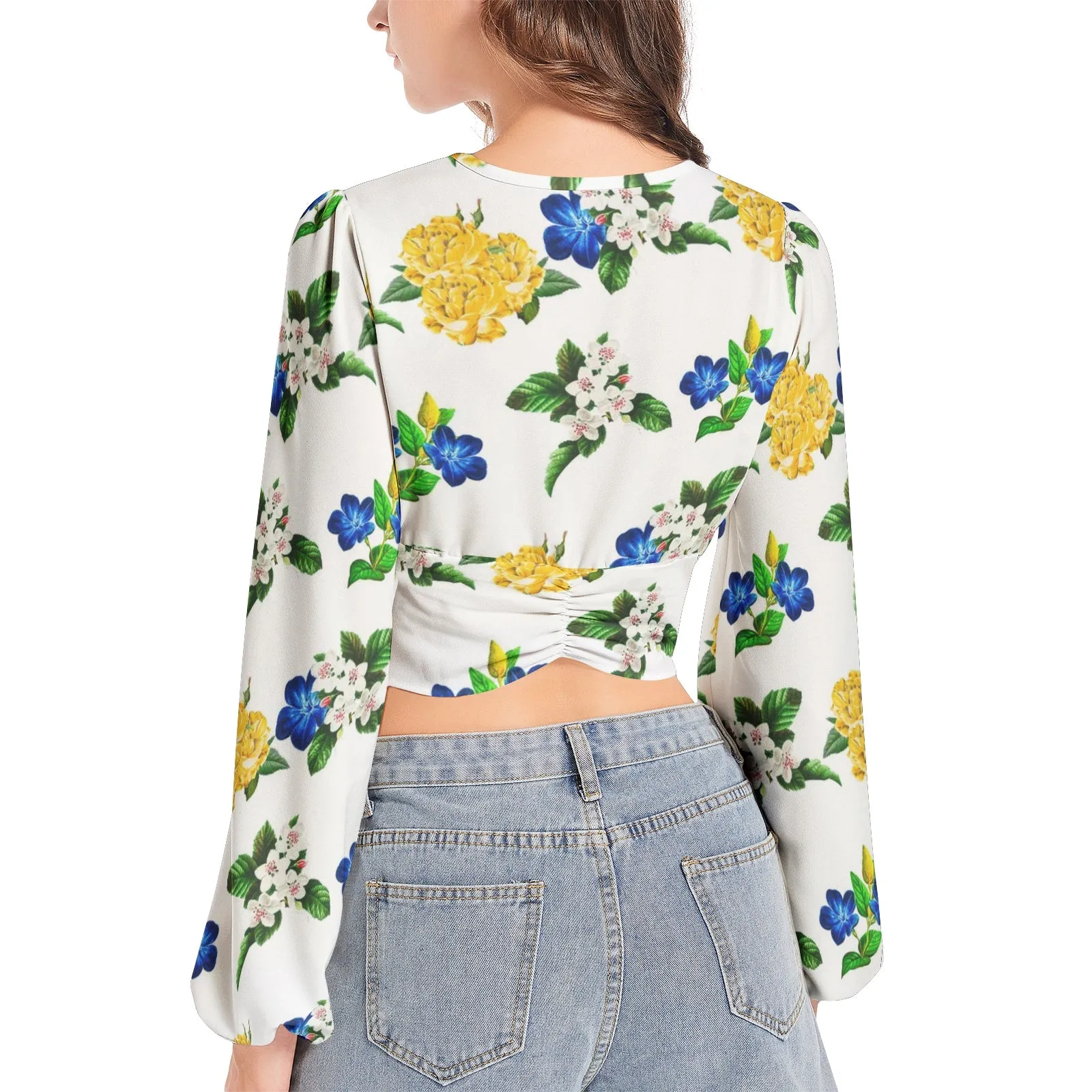 Floral Moments Women's Deep V-Neck Lantern Sleeve Crop Top