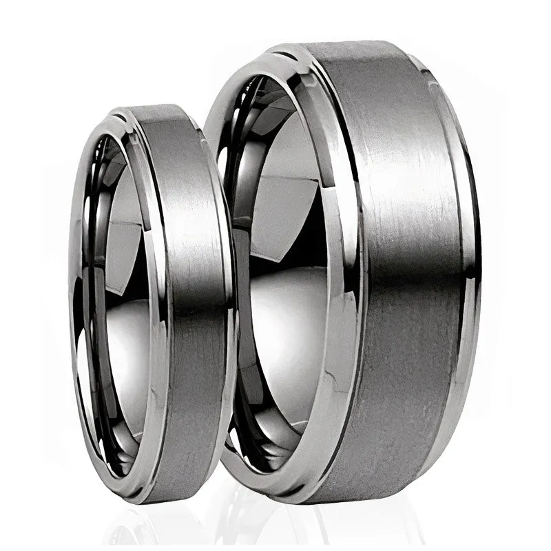 Matching Set " His 8MM " & " Her's 6MM " Brushed Center Step Edge Tungsten Carbide Wedding Band Ring Set