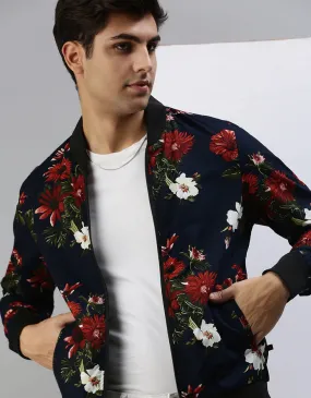 Navy Blue Floral Printed Shacket for Men