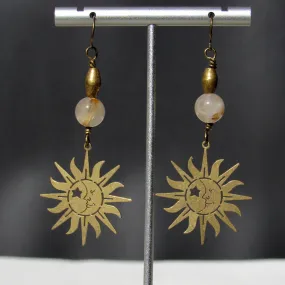 Rutile Quartz and Brass Moon and Sun earrings