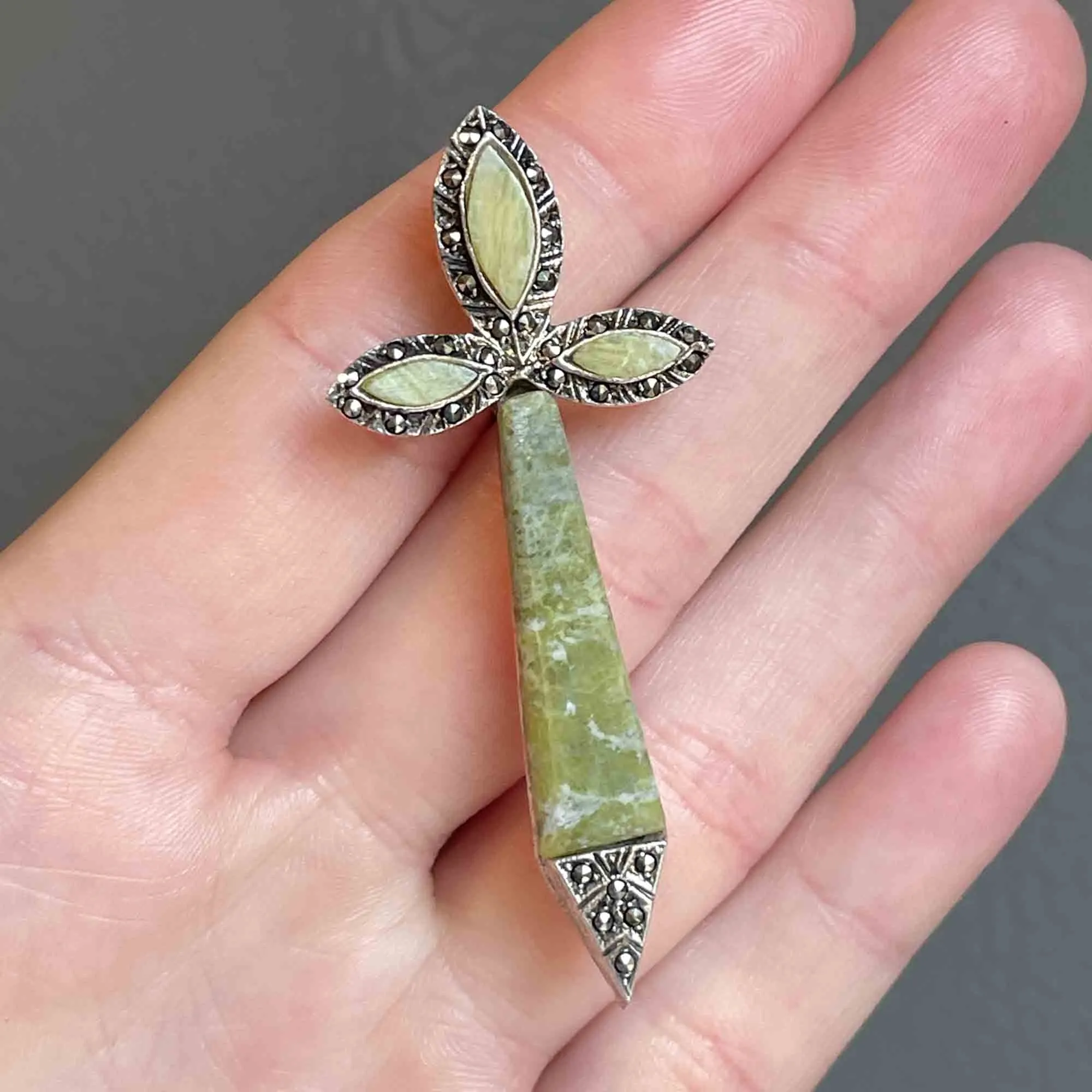 Silver Marcasite Connemara Marble Cross Brooch