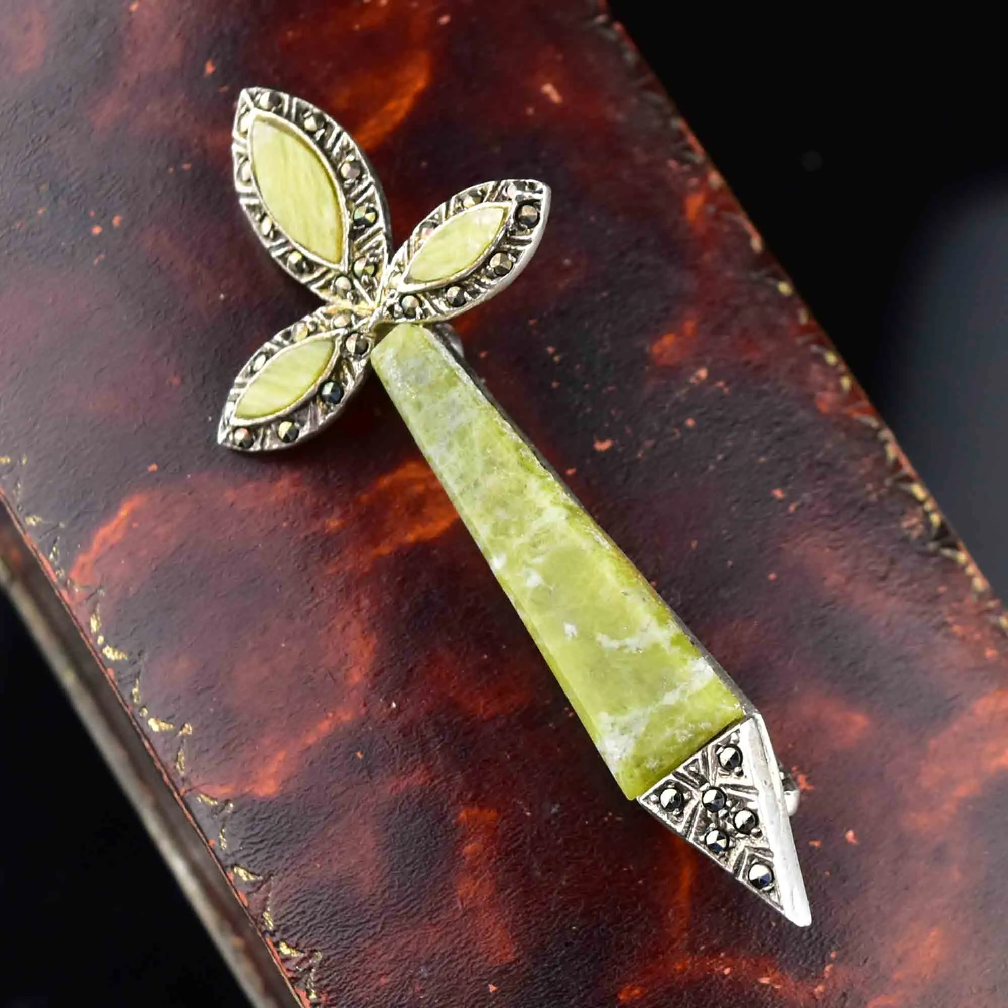 Silver Marcasite Connemara Marble Cross Brooch