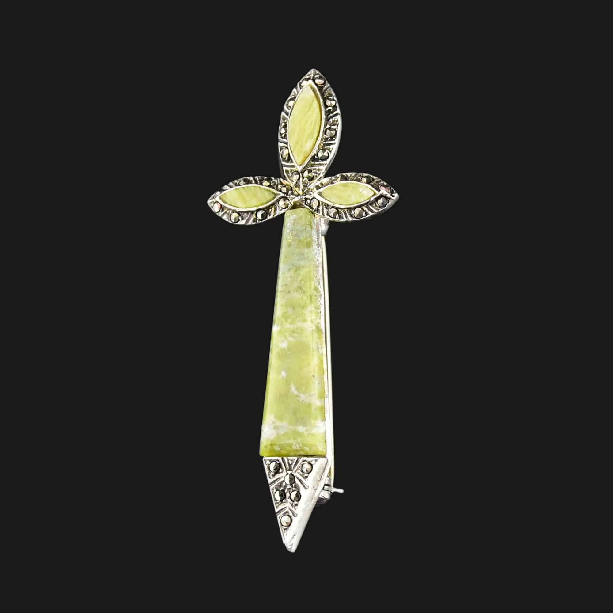 Silver Marcasite Connemara Marble Cross Brooch