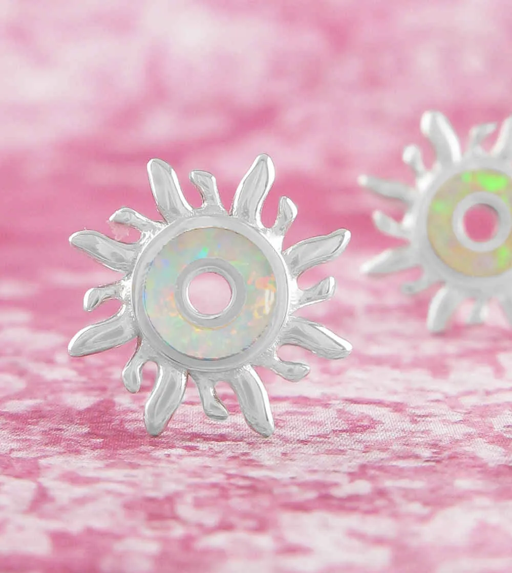 Tribal Sun Stud Earrings With Lab Opal Inlay