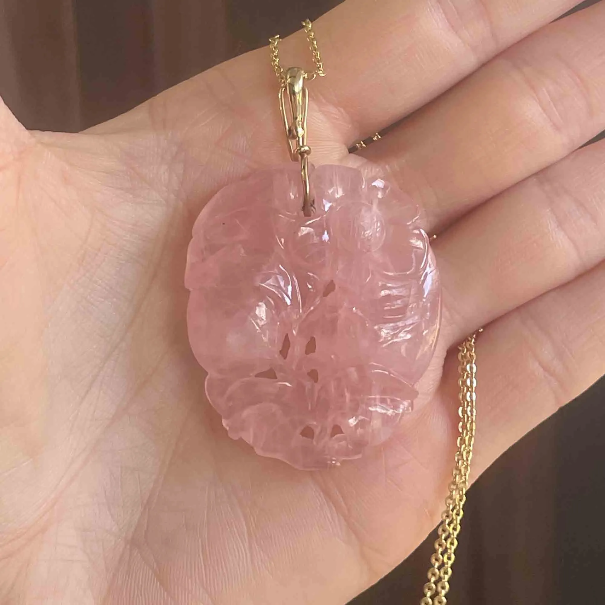 Vintage 14K Gold Carved Rose Quartz Pendant Necklace