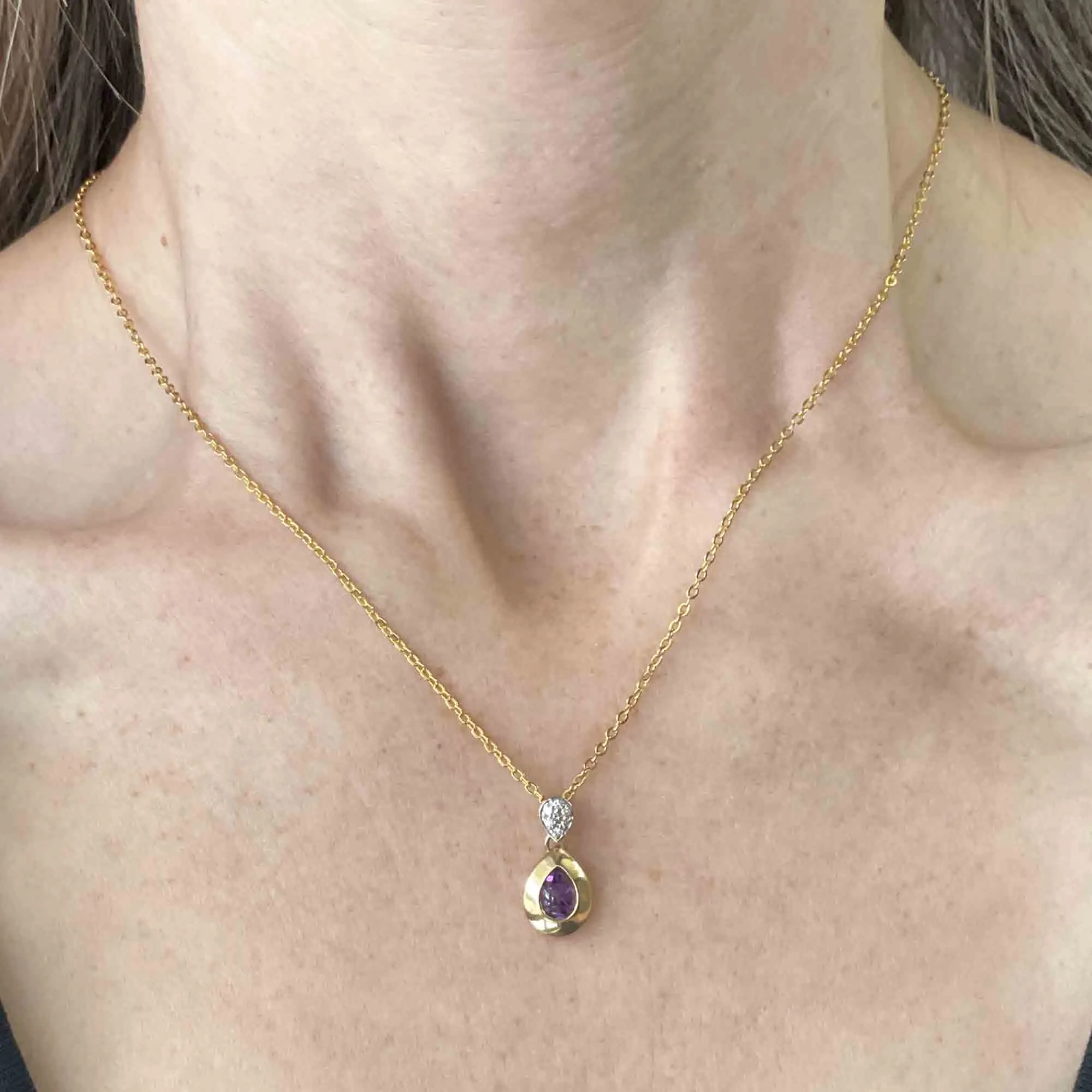 Vintage 14K Gold Diamond Amethyst Pendant Necklace