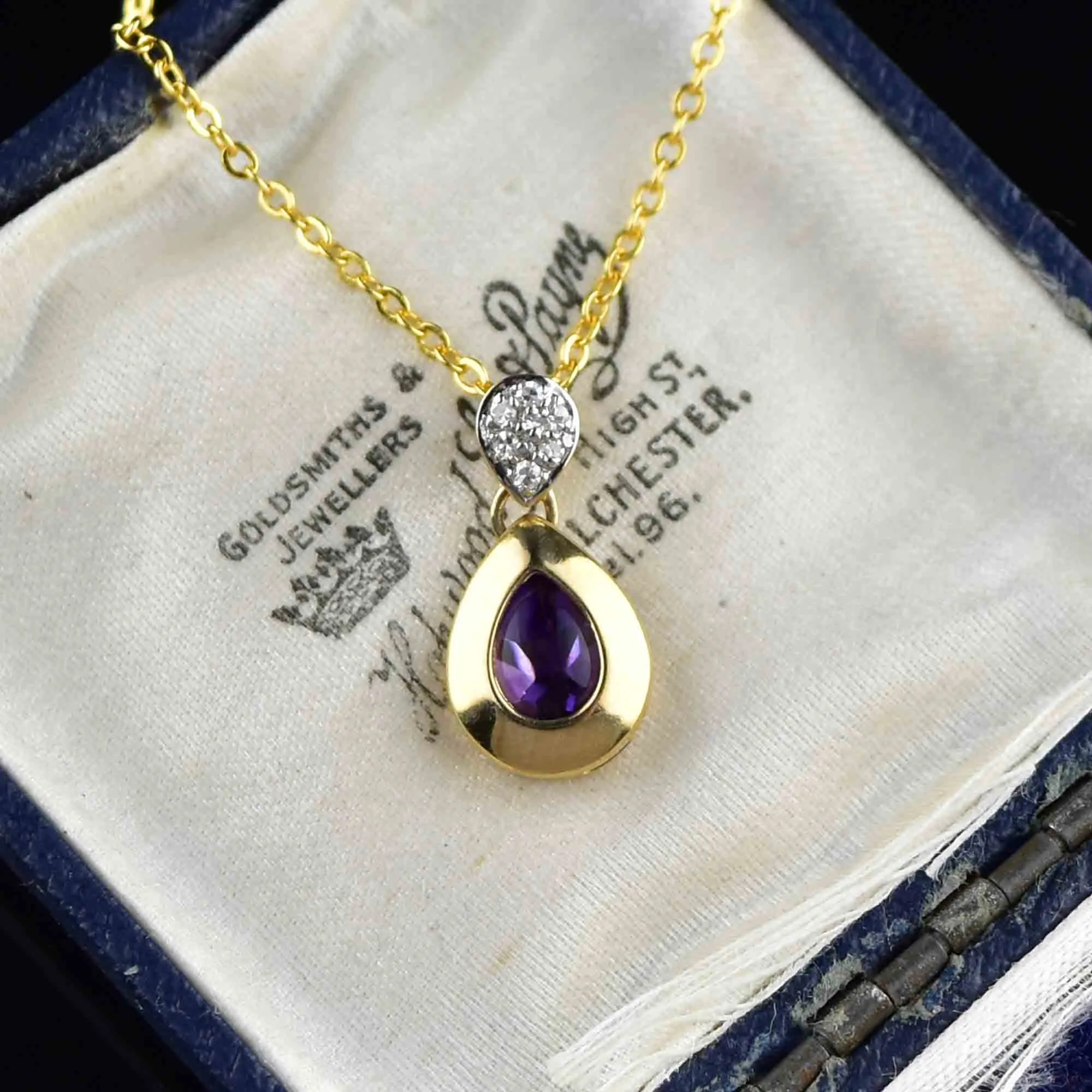 Vintage 14K Gold Diamond Amethyst Pendant Necklace