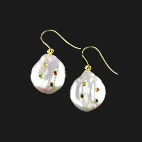 Vintage 9K Gold Gemstone Baroque Pearl Earrings