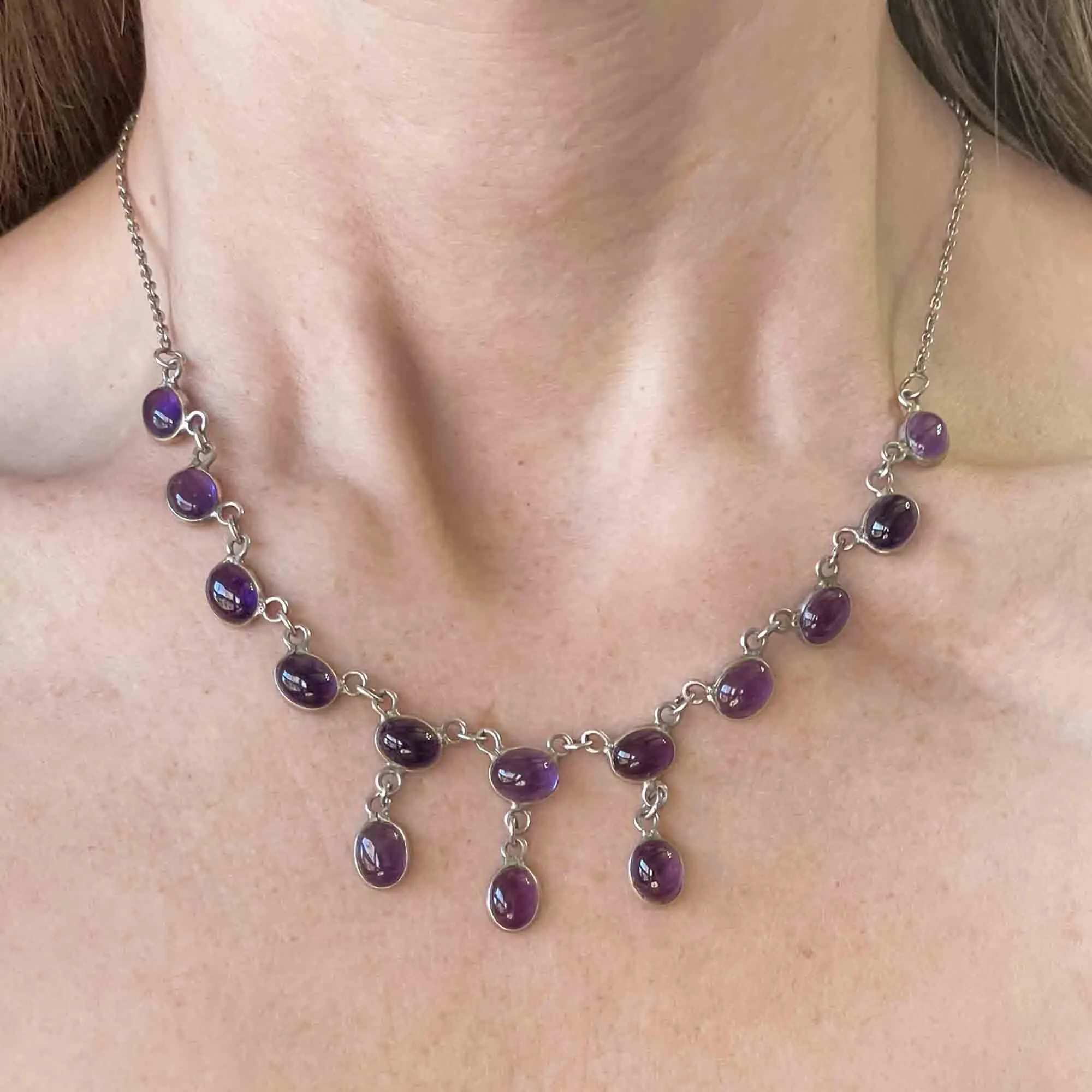 Vintage Art Deco Style Amethyst Cabochon Drop Necklace