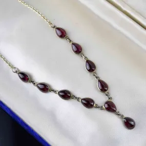 Vintage Art Deco Style Silver Garnet Cabochon Necklace